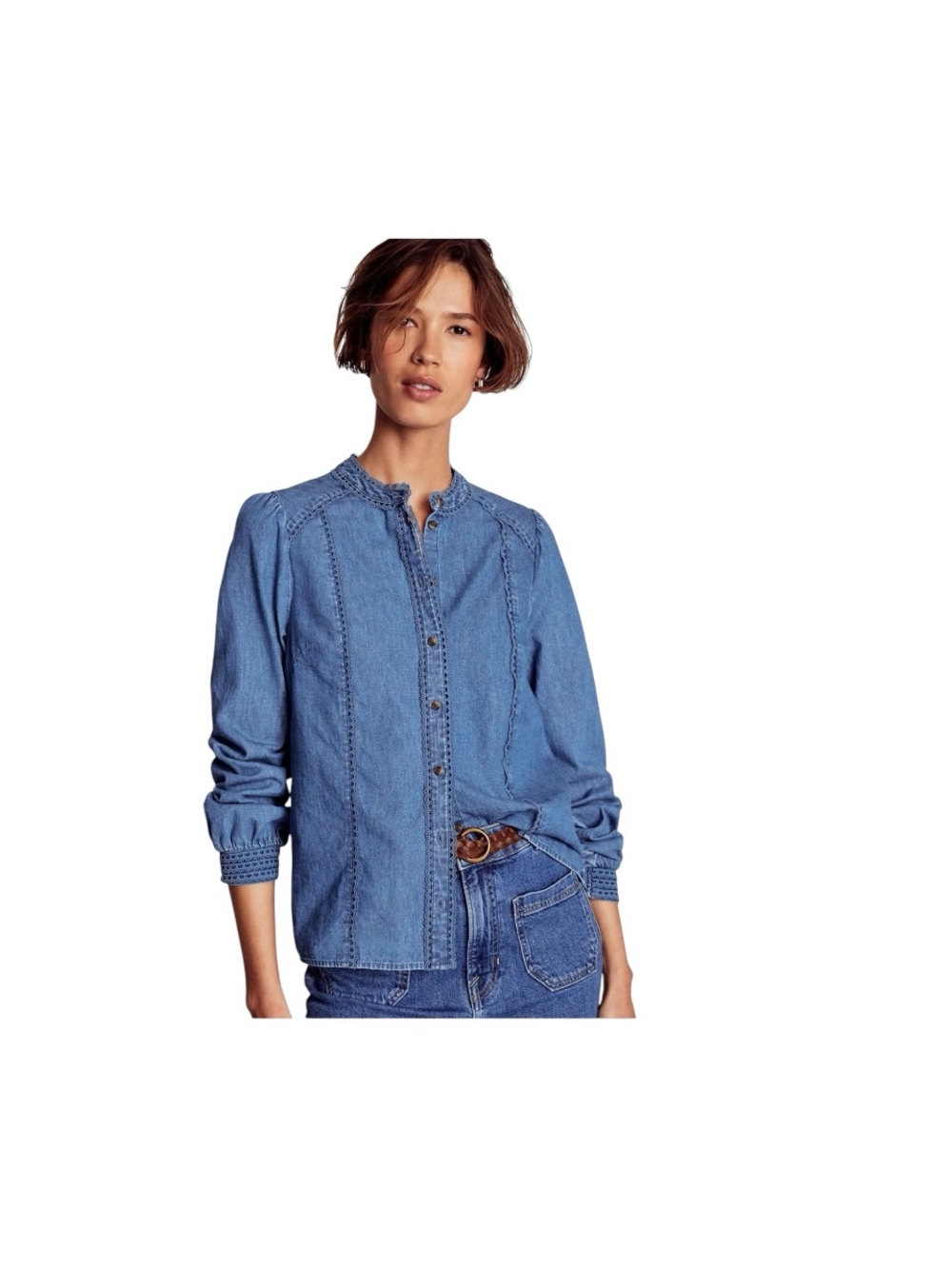 Boden Rhea Trim Insert Denim Top Blue Lace Victorian Blouse Womens US 16-18